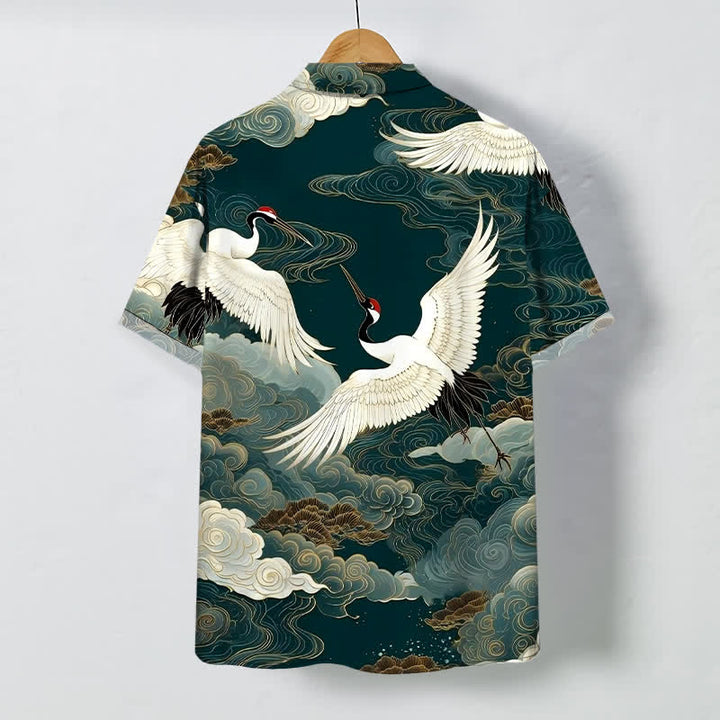 Buddha Stones Chemise à manches courtes pour homme, infroissable, ornée de boutons à motif de grues à couronne rouge et de nuages ​​porte-bonheur - image 1