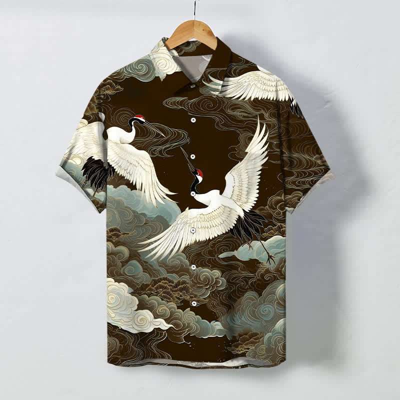 Buddha Stones Chemise à manches courtes pour homme, infroissable, ornée de boutons à motif de grues à couronne rouge et de nuages ​​porte-bonheur - SaddleBrown - US/UK/AU48，EU58 (4XL) - image 5