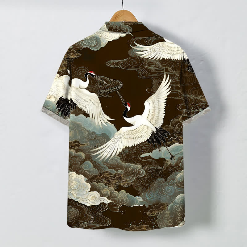 Buddha Stones Chemise à manches courtes pour homme, infroissable, ornée de boutons à motif de grues à couronne rouge et de nuages ​​porte-bonheur - image 6