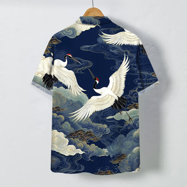 Buddha Stones Chemise à manches courtes pour homme, infroissable, ornée de boutons à motif de grues à couronne rouge et de nuages ​​porte-bonheur - image 11