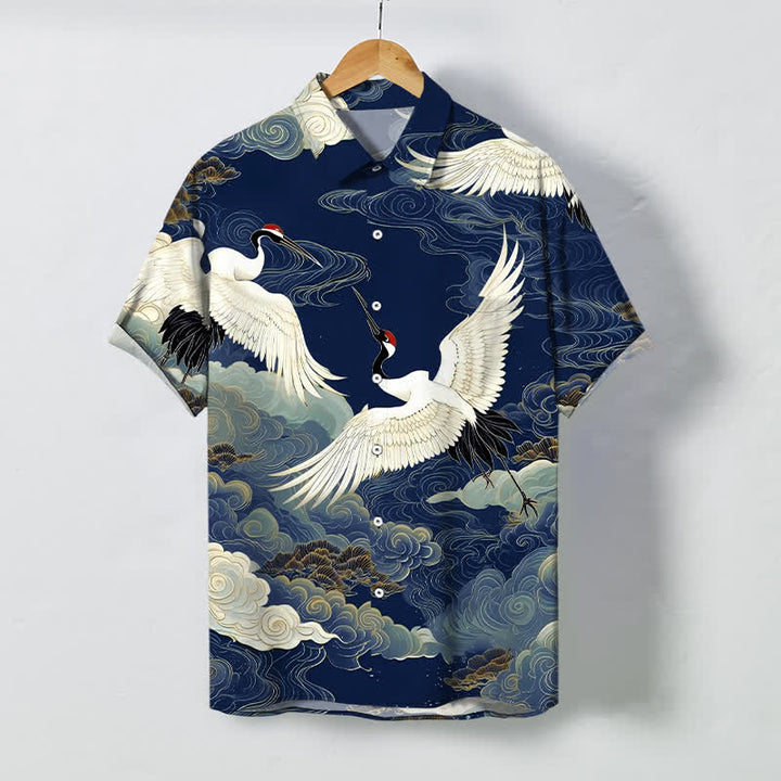 Buddha Stones Chemise à manches courtes pour homme, infroissable, ornée de boutons à motif de grues à couronne rouge et de nuages ​​porte-bonheur - Marine - US/UK/AU48，EU58 (4XL) - image 10