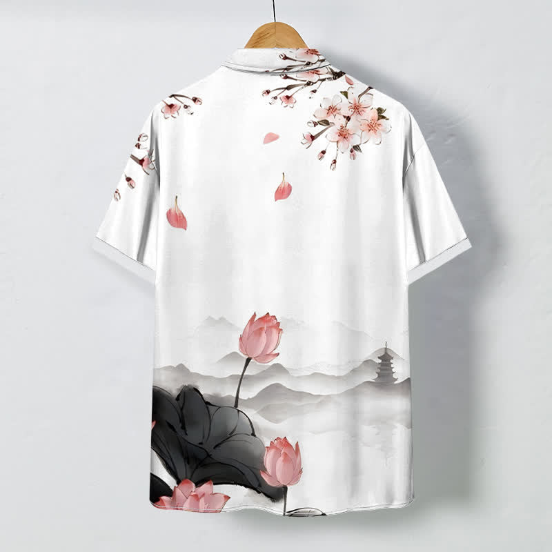 Buddha Stones Chemise à manches courtes pour homme, infroissable, avec boutons à motif de pagode de la montagne du lotus - image 1