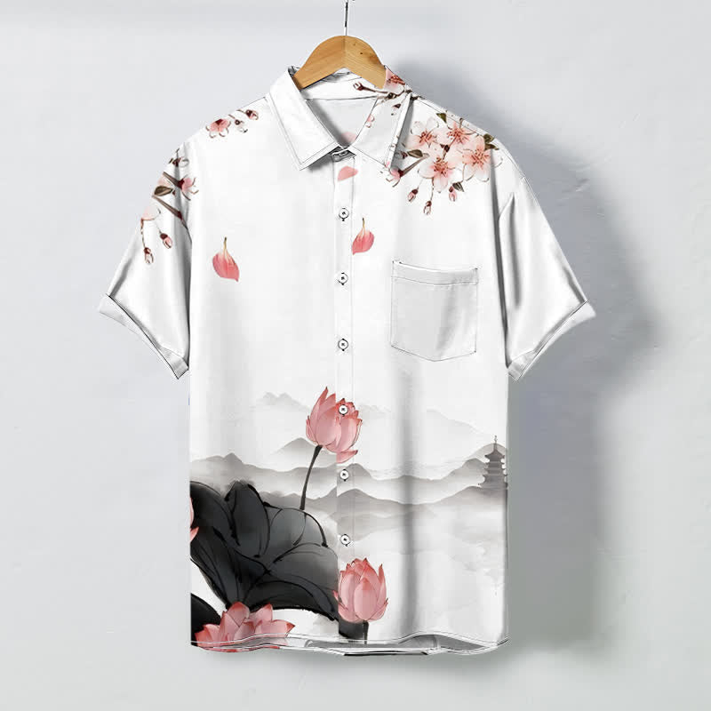 Buddha Stones Chemise à manches courtes pour homme, infroissable, avec boutons à motif de pagode de la montagne du lotus - Blanc - US/UK/AU48，EU58 (4XL) - image 0