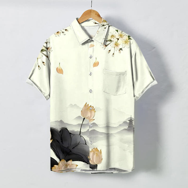 Buddha Stones Chemise à manches courtes pour homme, infroissable, avec boutons à motif de pagode de la montagne du lotus - soie de maïs - US/UK/AU48，EU58 (4XL) - image 3