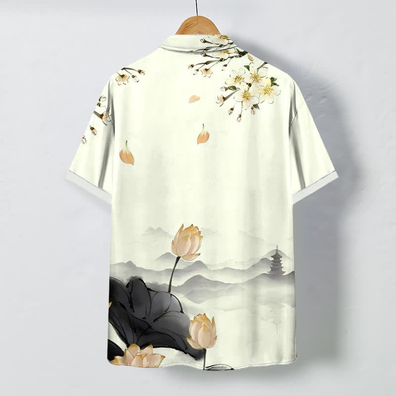 Buddha Stones Chemise à manches courtes pour homme, infroissable, avec boutons à motif de pagode de la montagne du lotus - image 4