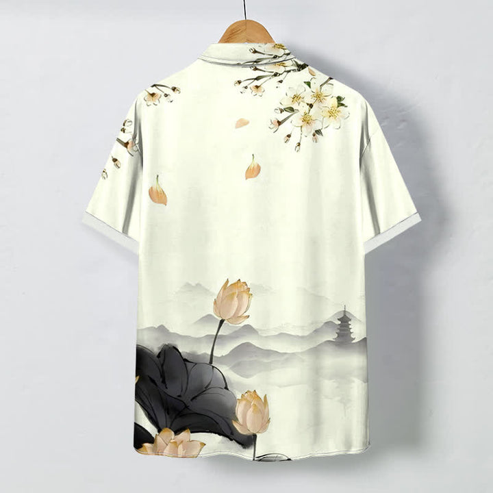 Buddha Stones Chemise à manches courtes pour homme, infroissable, avec boutons à motif de pagode de la montagne du lotus - image 4