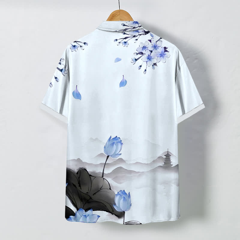 Buddha Stones Chemise à manches courtes pour homme, infroissable, avec boutons à motif de pagode de la montagne du lotus - image 7