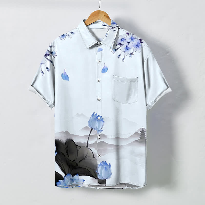 Buddha Stones Chemise à manches courtes pour homme, infroissable, avec boutons à motif de pagode de la montagne du lotus - AliceBlue - US/UK/AU48，EU58 (4XL) - image 6
