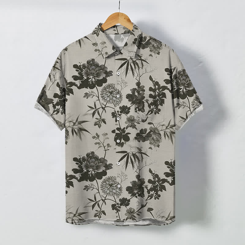 Buddha Stones Chemise à manches courtes respirante pour homme, à boutons et motif floral foncé en feuilles de bambou - Gris clair - US/UK/AU48，EU58 (4XL) - image 0