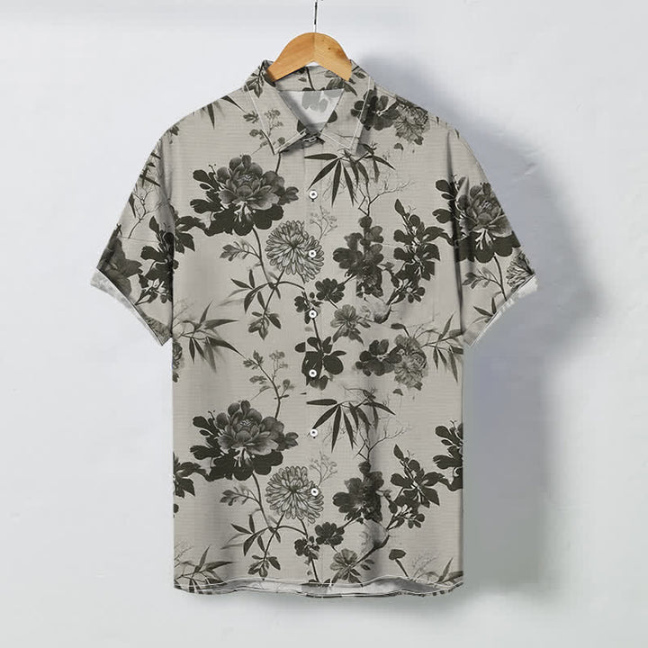 Buddha Stones Chemise à manches courtes respirante pour homme, à boutons et motif floral foncé en feuilles de bambou - Gris clair - US/UK/AU48，EU58 (4XL) - image 0