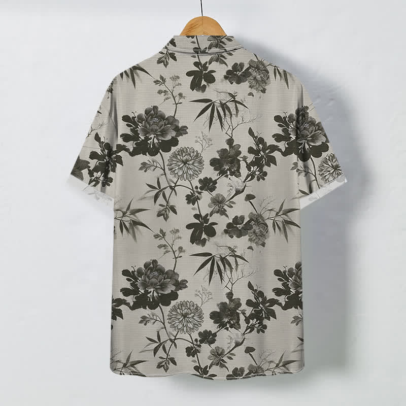 Buddha Stones Chemise à manches courtes respirante pour homme, à boutons et motif floral foncé en feuilles de bambou - image 1