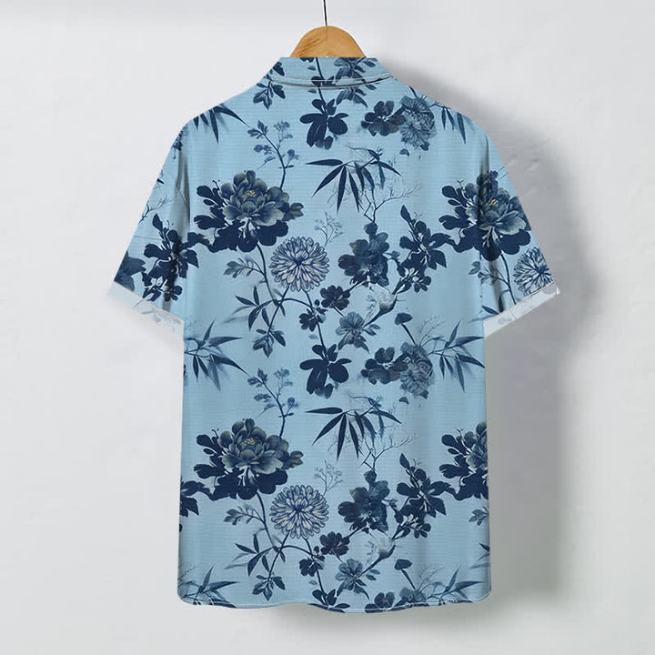 Buddha Stones Chemise à manches courtes respirante pour homme, à boutons et motif floral foncé en feuilles de bambou - image 4