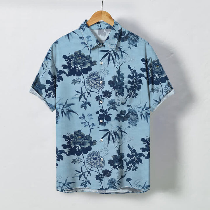 Buddha Stones Chemise à manches courtes respirante pour homme, à boutons et motif floral foncé en feuilles de bambou - Bleu clair - US/UK/AU48，EU58 (4XL) - image 3