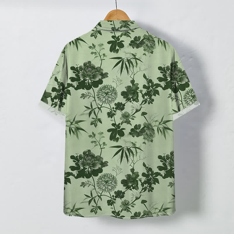 Buddha Stones Chemise à manches courtes respirante pour homme, à boutons et motif floral foncé en feuilles de bambou - image 7