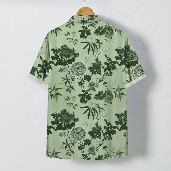 Buddha Stones Chemise à manches courtes respirante pour homme, à boutons et motif floral foncé en feuilles de bambou - image 7