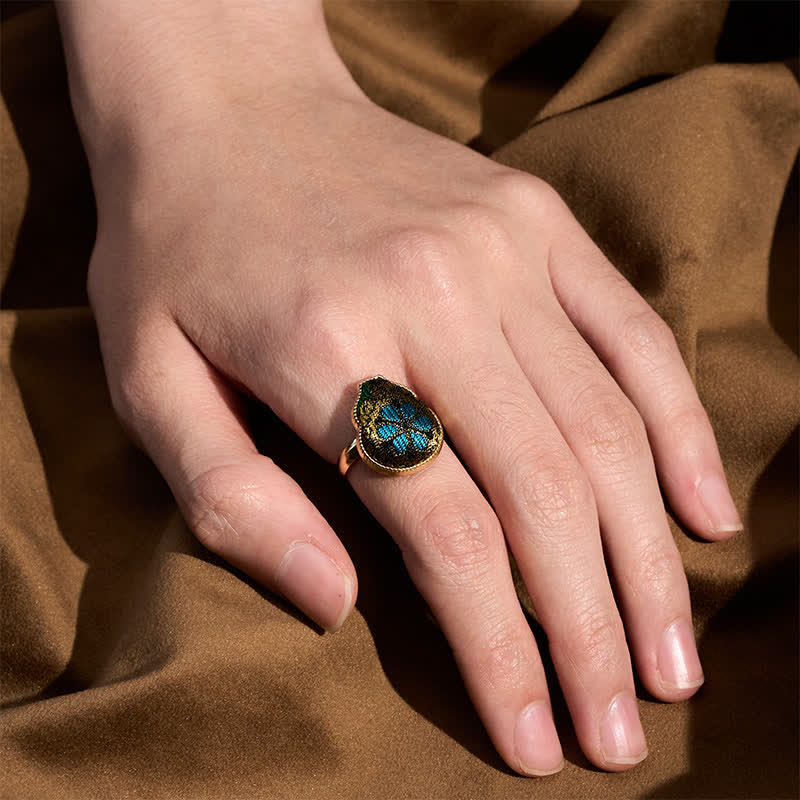 Buddha Stones Bague ajustable de style chinois vintage en brocart Song en forme de gourde, symbole de bénédiction - image 4