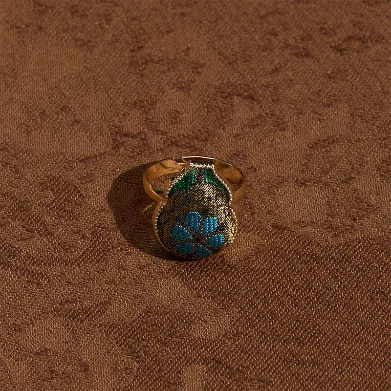 Buddha Stones Bague ajustable de style chinois vintage en brocart Song en forme de gourde, symbole de bénédiction - image 3