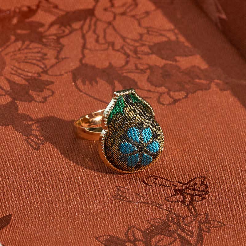 Buddha Stones Bague ajustable de style chinois vintage en brocart Song en forme de gourde, symbole de bénédiction - image 1