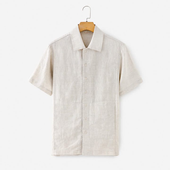 Buddha Stones Chemises d'été minimalistes à manches courtes pour homme, en coton et lin uni, avec poches - Lin - US/UK/AU40，EU50 (2XL) - image 1