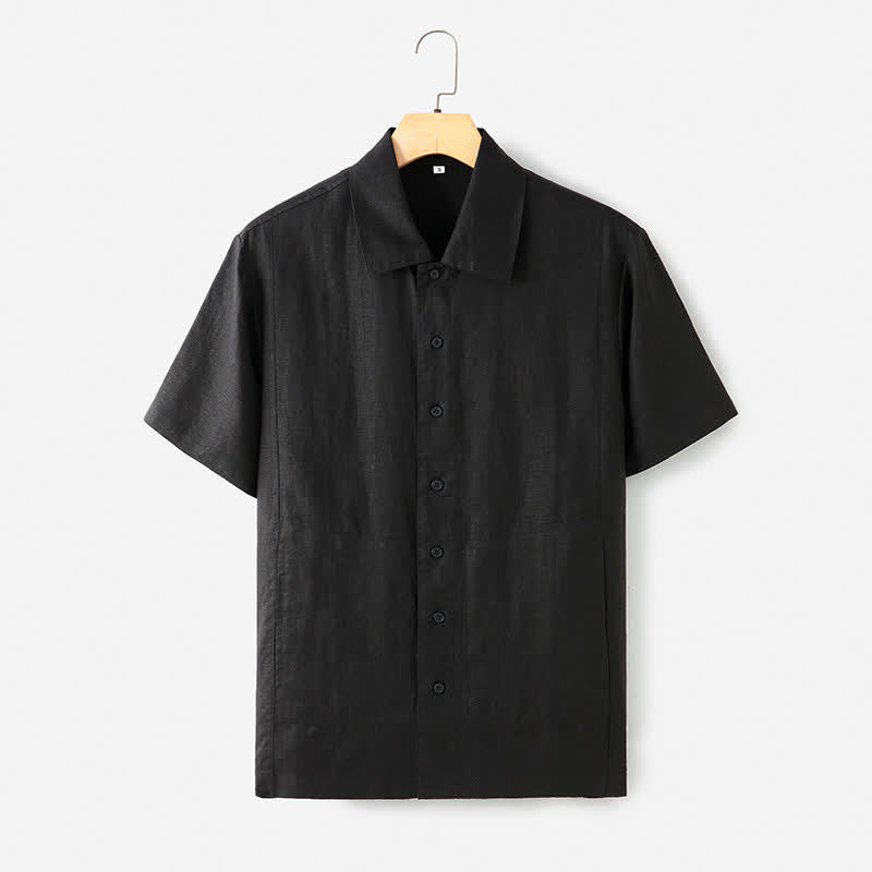 Buddha Stones Chemises d'été minimalistes à manches courtes pour homme, en coton et lin uni, avec poches - Noir - US/UK/AU40，EU50 (2XL) - image 0
