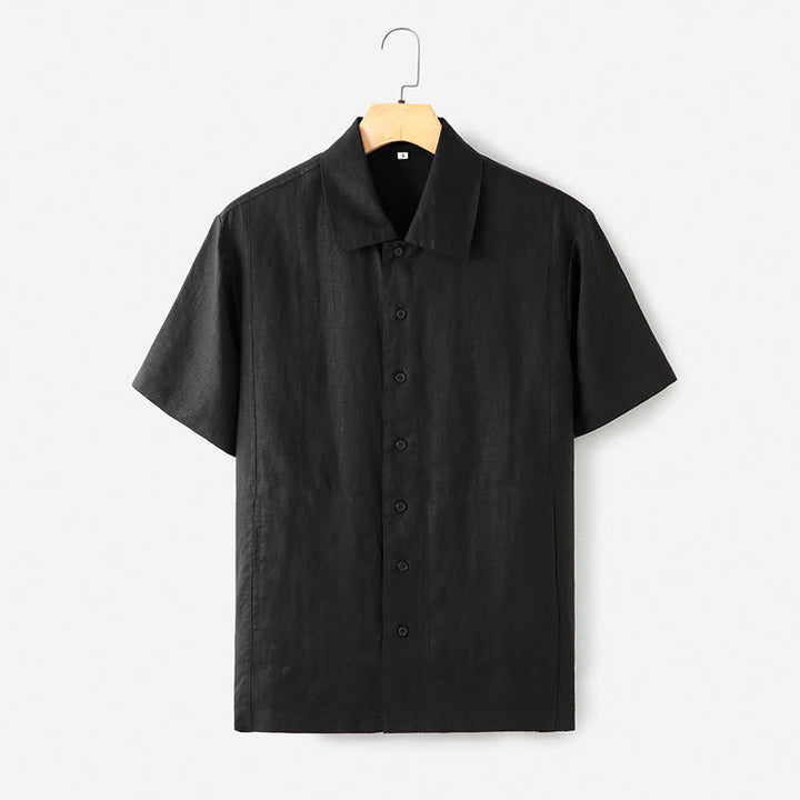 Buddha Stones Chemises d'été minimalistes à manches courtes pour homme, en coton et lin uni, avec poches - Noir - US/UK/AU40，EU50 (2XL) - image 0