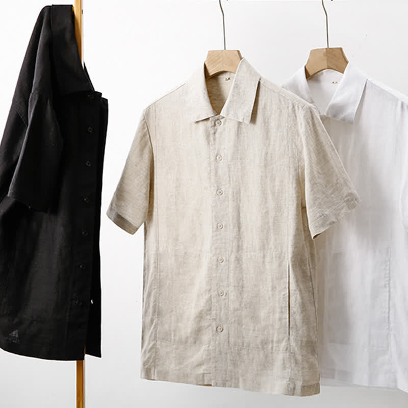 Buddha Stones Chemises d'été minimalistes à manches courtes pour homme, en coton et lin uni, avec poches - image 23