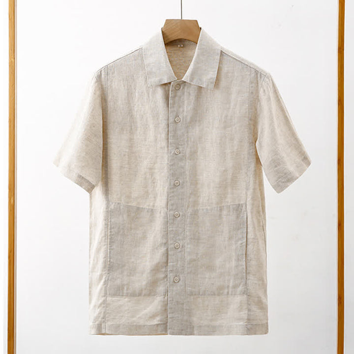 Buddha Stones Chemises d'été minimalistes à manches courtes pour homme, en coton et lin uni, avec poches - image 3