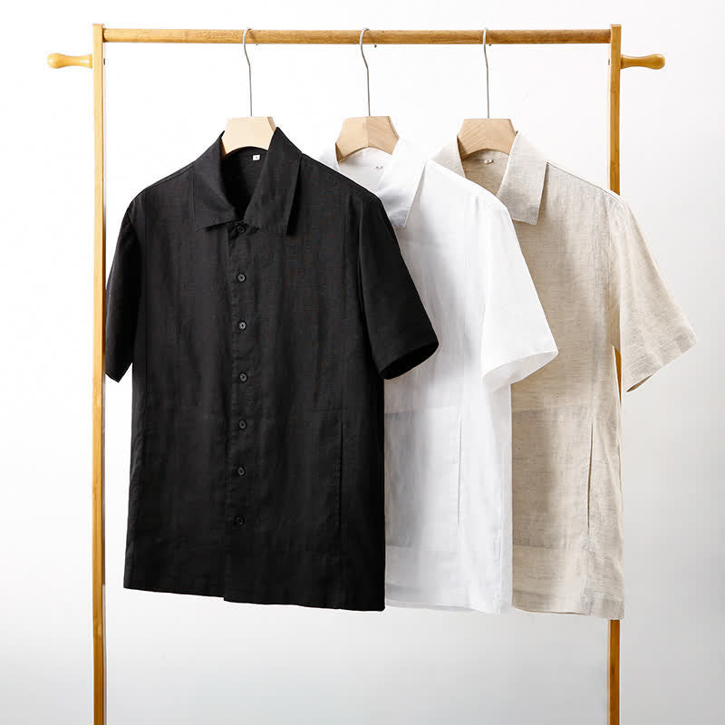 Buddha Stones Chemises d'été minimalistes à manches courtes pour homme, en coton et lin uni, avec poches - image 22