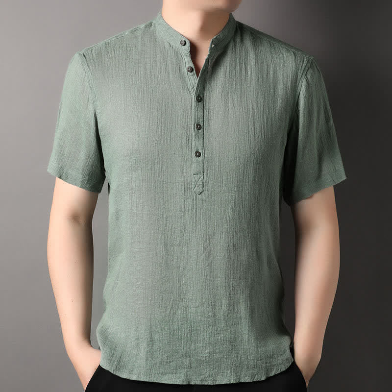 Buddha Stones Chemises d'été décontractées pour hommes, style Tang, col mandarin, en lin uni, manches courtes. - Vert foncé - US/UK/AU44，EU54 (4XL) - image 16