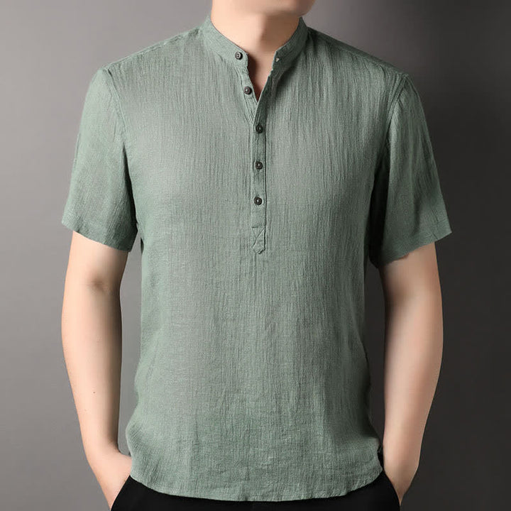 Buddha Stones Chemises d'été décontractées pour hommes, style Tang, col mandarin, en lin uni, manches courtes. - Vert foncé - US/UK/AU44，EU54 (4XL) - image 16