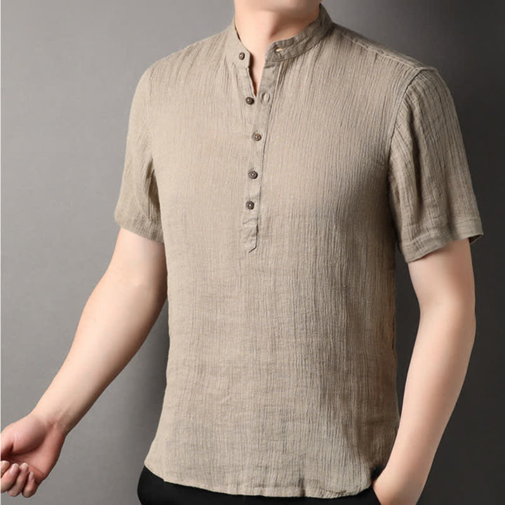 Buddha Stones Chemises d'été décontractées pour hommes, style Tang, col mandarin, en lin uni, manches courtes. - image 3