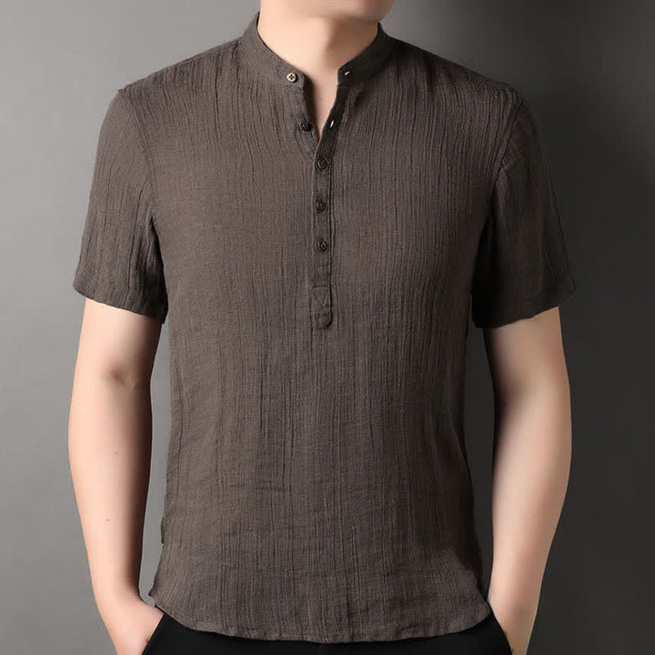 Buddha Stones Chemises d'été décontractées pour hommes, style Tang, col mandarin, en lin uni, manches courtes. - SaddleBrown - US/UK/AU44，EU54 (4XL) - image 12