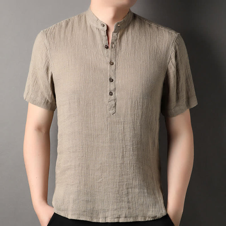 Buddha Stones Chemises d'été décontractées pour hommes, style Tang, col mandarin, en lin uni, manches courtes. - Tanné - US/UK/AU44，EU54 (4XL) - image 0