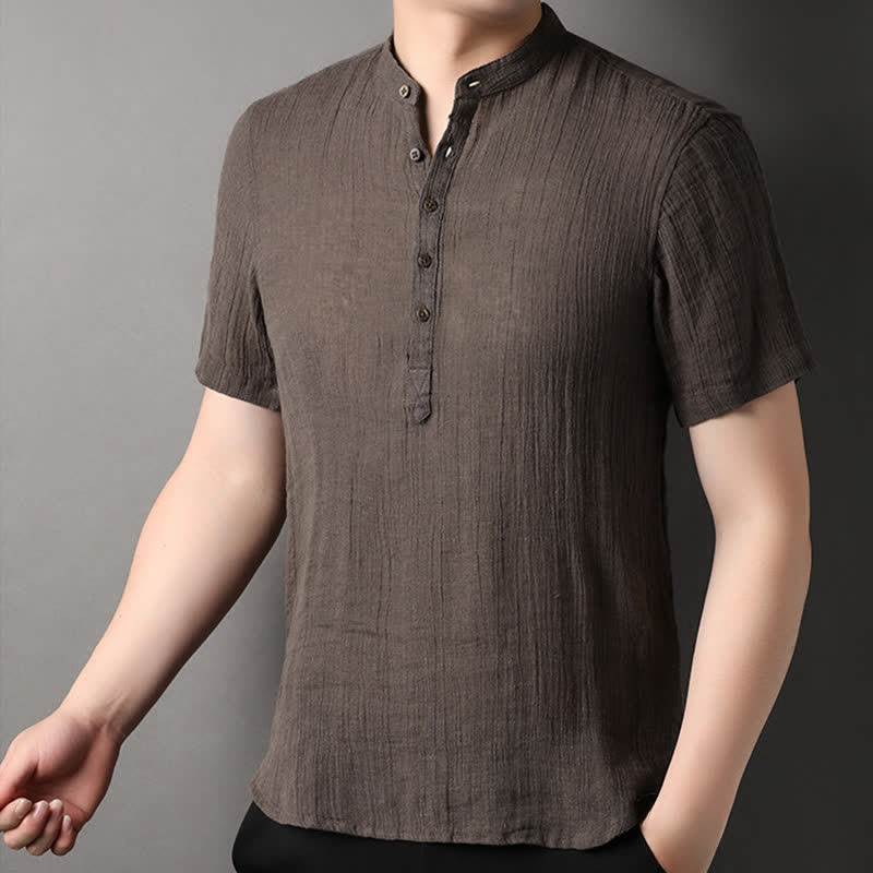 Buddha Stones Chemises d'été décontractées pour hommes, style Tang, col mandarin, en lin uni, manches courtes. - image 14