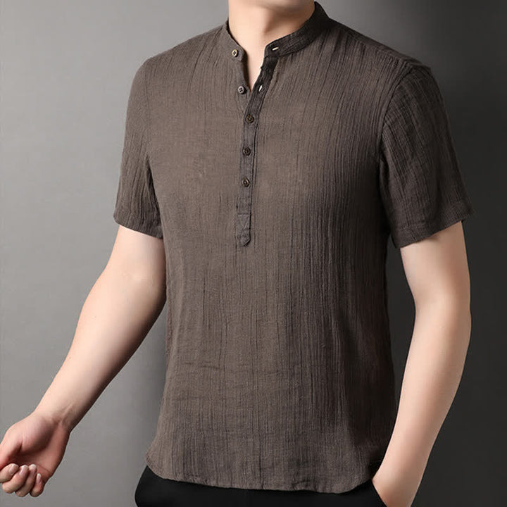 Buddha Stones Chemises d'été décontractées pour hommes, style Tang, col mandarin, en lin uni, manches courtes. - image 14