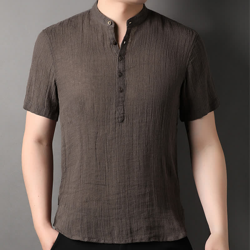 Buddha Stones Chemises d'été décontractées pour hommes, style Tang, col mandarin, en lin uni, manches courtes. - image 15