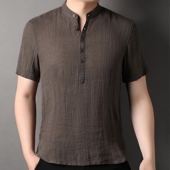 Buddha Stones Chemises d'été décontractées pour hommes, style Tang, col mandarin, en lin uni, manches courtes. - image 15