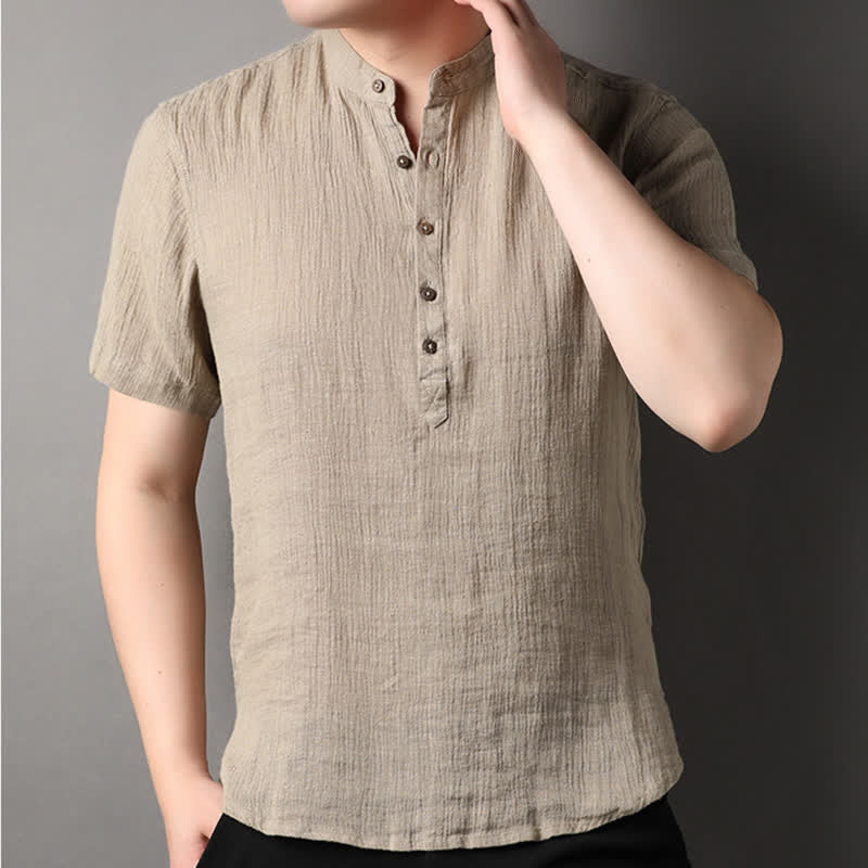 Buddha Stones Chemises d'été décontractées pour hommes, style Tang, col mandarin, en lin uni, manches courtes. - image 1