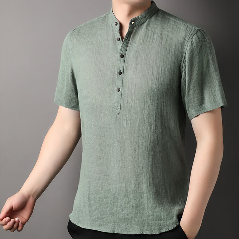 Buddha Stones Chemises d'été décontractées pour hommes, style Tang, col mandarin, en lin uni, manches courtes. - image 19