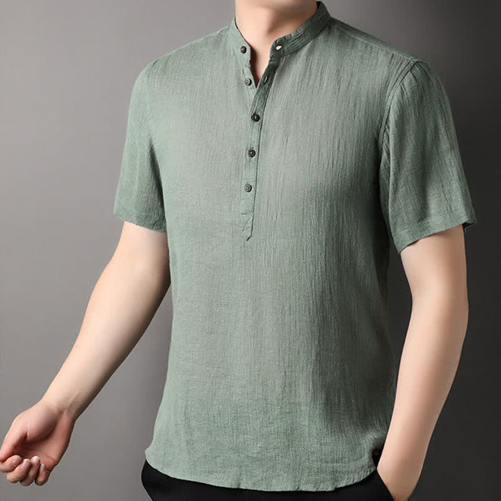 Buddha Stones Chemises d'été décontractées pour hommes, style Tang, col mandarin, en lin uni, manches courtes. - image 19