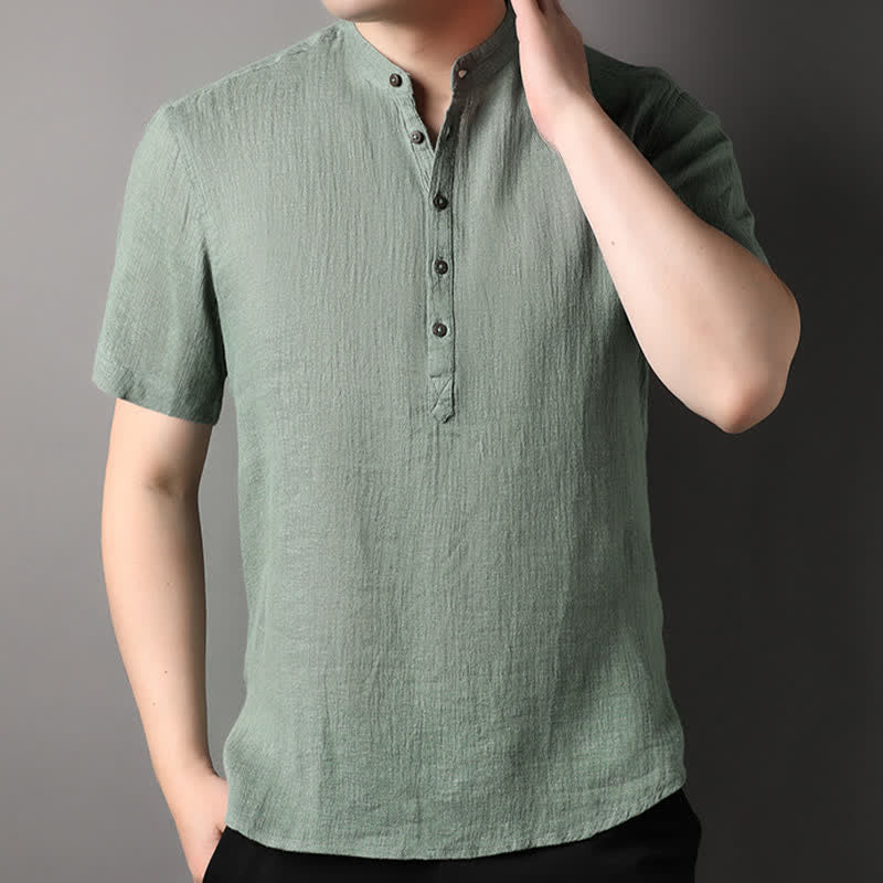 Buddha Stones Chemises d'été décontractées pour hommes, style Tang, col mandarin, en lin uni, manches courtes. - image 18