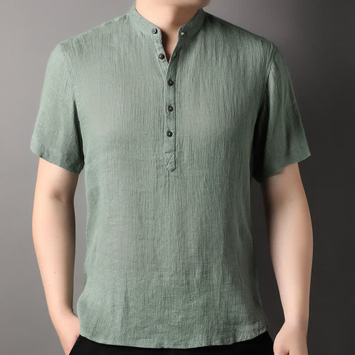 Buddha Stones Chemises d'été décontractées pour hommes, style Tang, col mandarin, en lin uni, manches courtes. - image 17