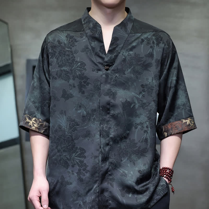 Buddha Stones Chemises à manches courtes pour hommes, style Tang, décontractées, col mandarin, motif papillon en bambou, printemps-été - image 14