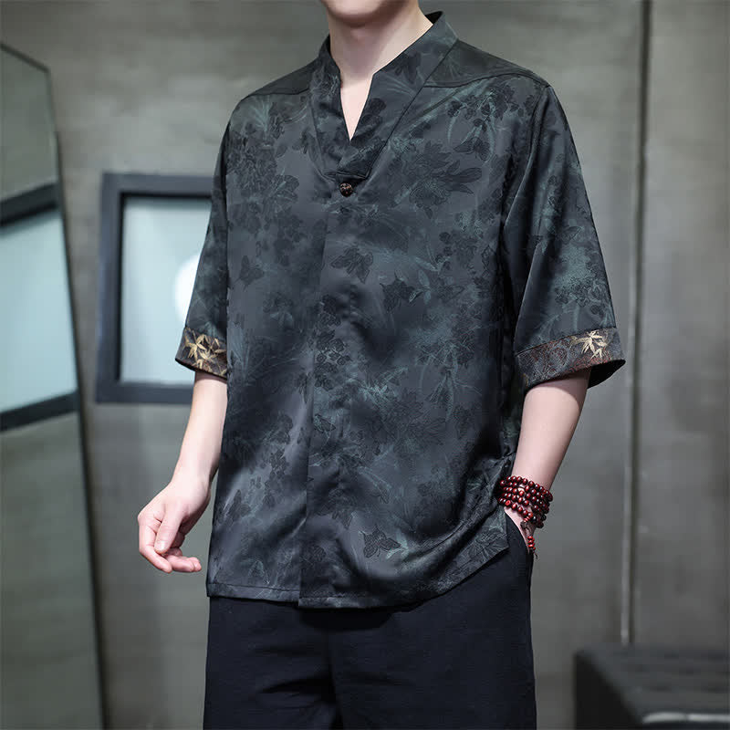 Buddha Stones Chemises à manches courtes pour hommes, style Tang, décontractées, col mandarin, motif papillon en bambou, printemps-été - Vert foncé - US/UK/AU46，EU56 (5XL) - image 13