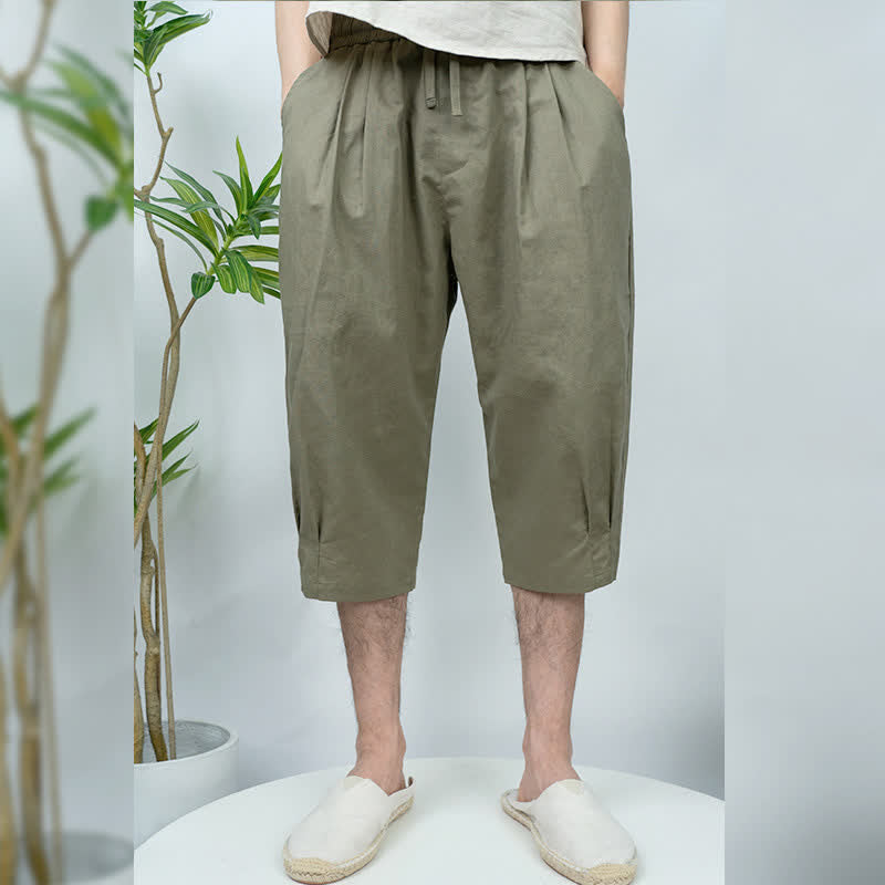 Buddha Stones Pantalon harem d'été décontracté vintage pour homme, à cordon de serrage, uni, avec poches - Vert olive - US/UK/AU44，EU54 (4XL) - image 0