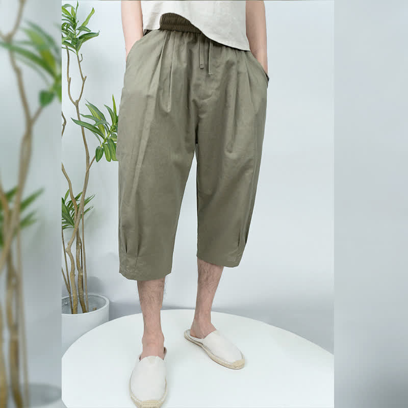 Buddha Stones Pantalon harem d'été décontracté vintage pour homme, à cordon de serrage, uni, avec poches - image 1