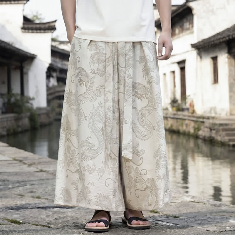 Buddha Stones Pantalon d'été décontracté style Tang à cordon de serrage et ourlet à la cheville, motif dragon, jambes larges - Lin - US/UK/AU46，EU56 (5XL) - image 33