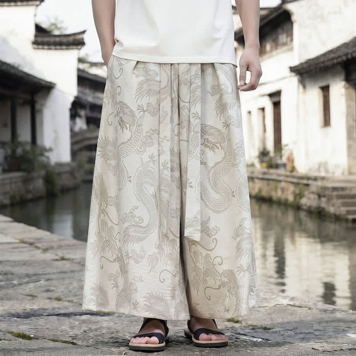 Buddha Stones Pantalon d'été décontracté style Tang à cordon de serrage et ourlet à la cheville, motif dragon, jambes larges - Lin - US/UK/AU46，EU56 (5XL) - image 33
