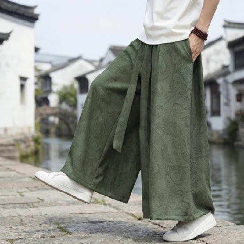 Buddha Stones Pantalon d'été décontracté style Tang à cordon de serrage et ourlet à la cheville, motif dragon, jambes larges - image 7