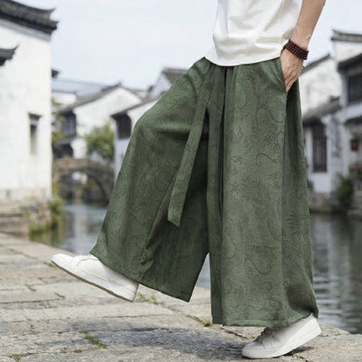 Buddha Stones Pantalon d'été décontracté style Tang à cordon de serrage et ourlet à la cheville, motif dragon, jambes larges - image 7